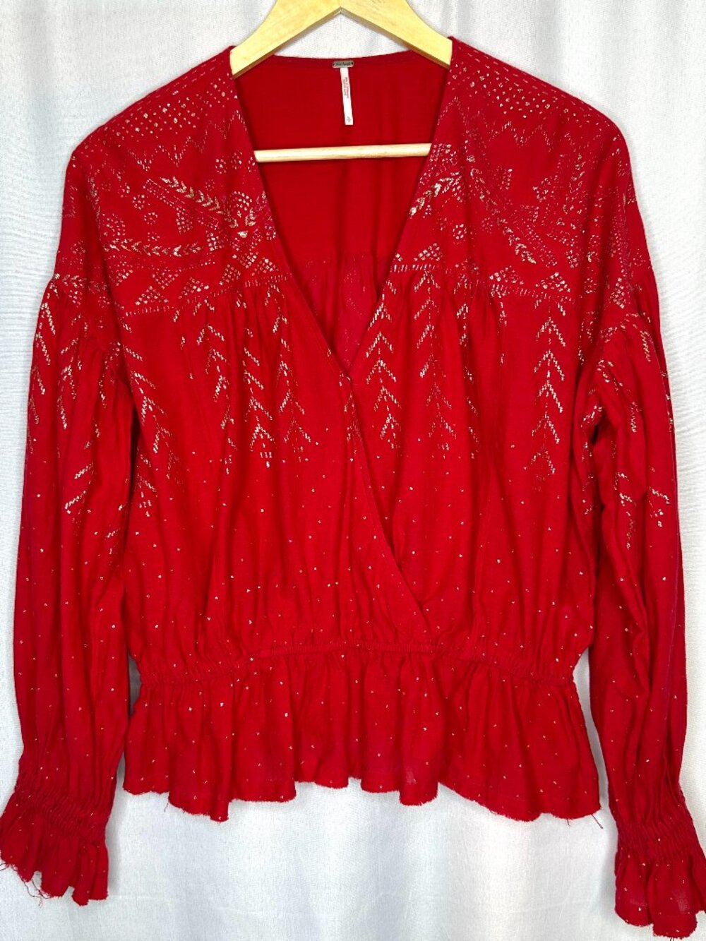 Free People Counting Stars Peasant Wrap Blouse, Size Small Boho Indie Raw Hem